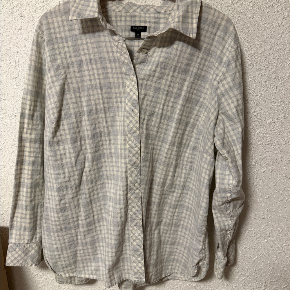 Talbots Women's Light Gray and Silver Plaid Shirt Plus Size 2x